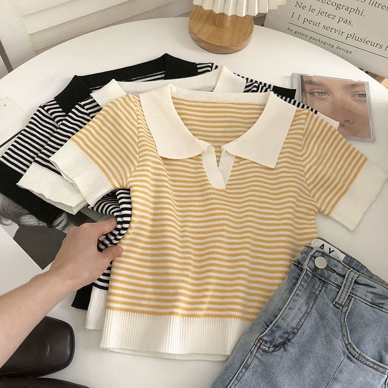 Áo Len Dệt Kim Ngắn Co Giãn Họa Tiết Kẻ Sọc Nhiều Màu Sắc Phong Cách Hàn Quốc Thời Trang Mùa Hè Cho Nữ