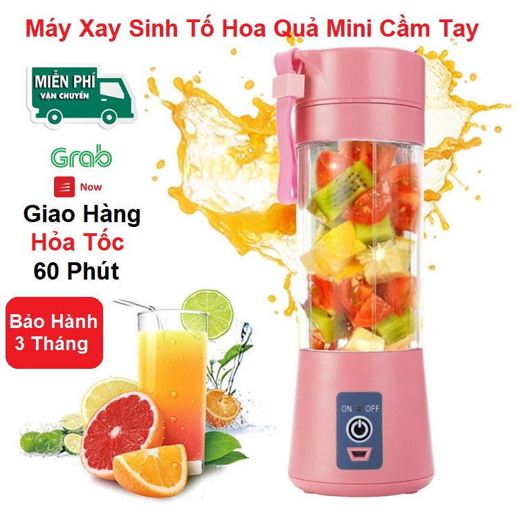 Máy Xay Sinh Tố Cầm Tay Mini, Cốc Xay Đựng Nước Ép Hoa Quả, Cốc Thủy Tinh Dao 4 Lưỡi, Sạc Pin - Bảo Hành 6 Tháng