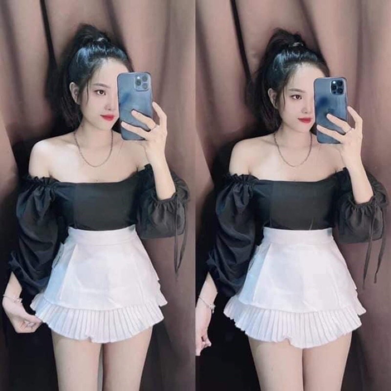 Áo croptop voan trễ vai tay dài kèm mút ngực