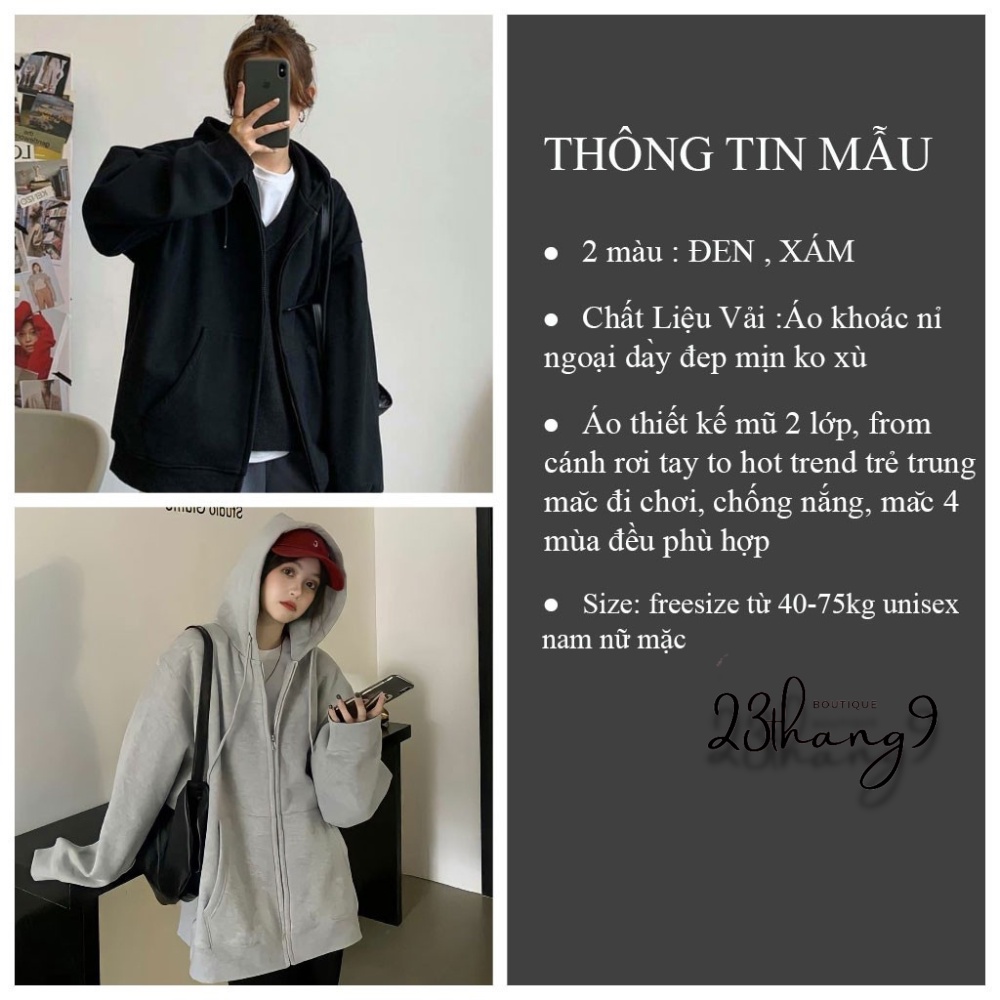 Áo khoác nỉ hoodie áo khoác nỉ trơn nam nữ tay phồng form rộng zip basic unisex phong cách ulzzang đi phố 23thang9 | BigBuy360 - bigbuy360.vn