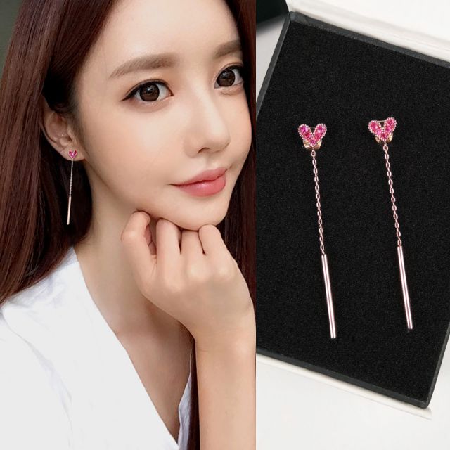 Hoa tai tim hồng tua rua dài bạc 925