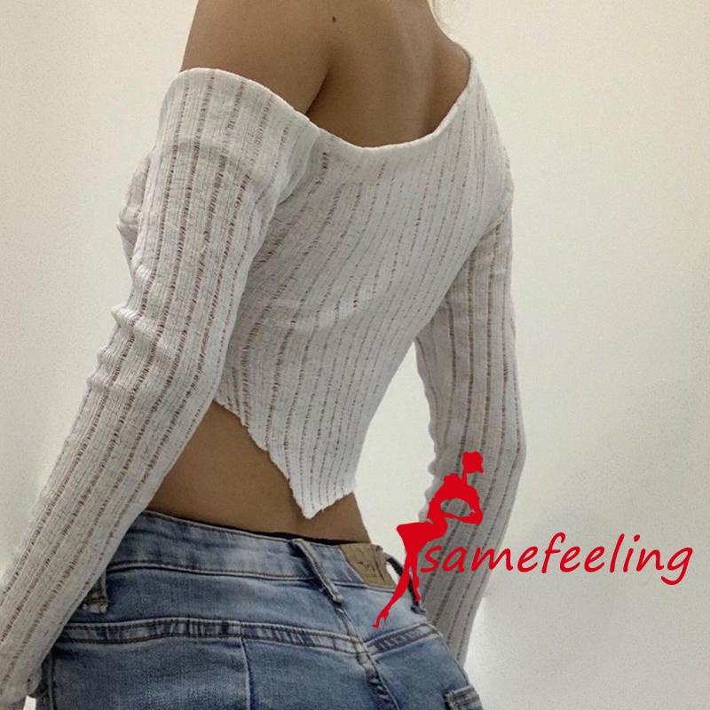 SF♫Women Summer Cropped Tops Long Sleeve Striped Print Patchwork Casual Party Club Cutout Shirt