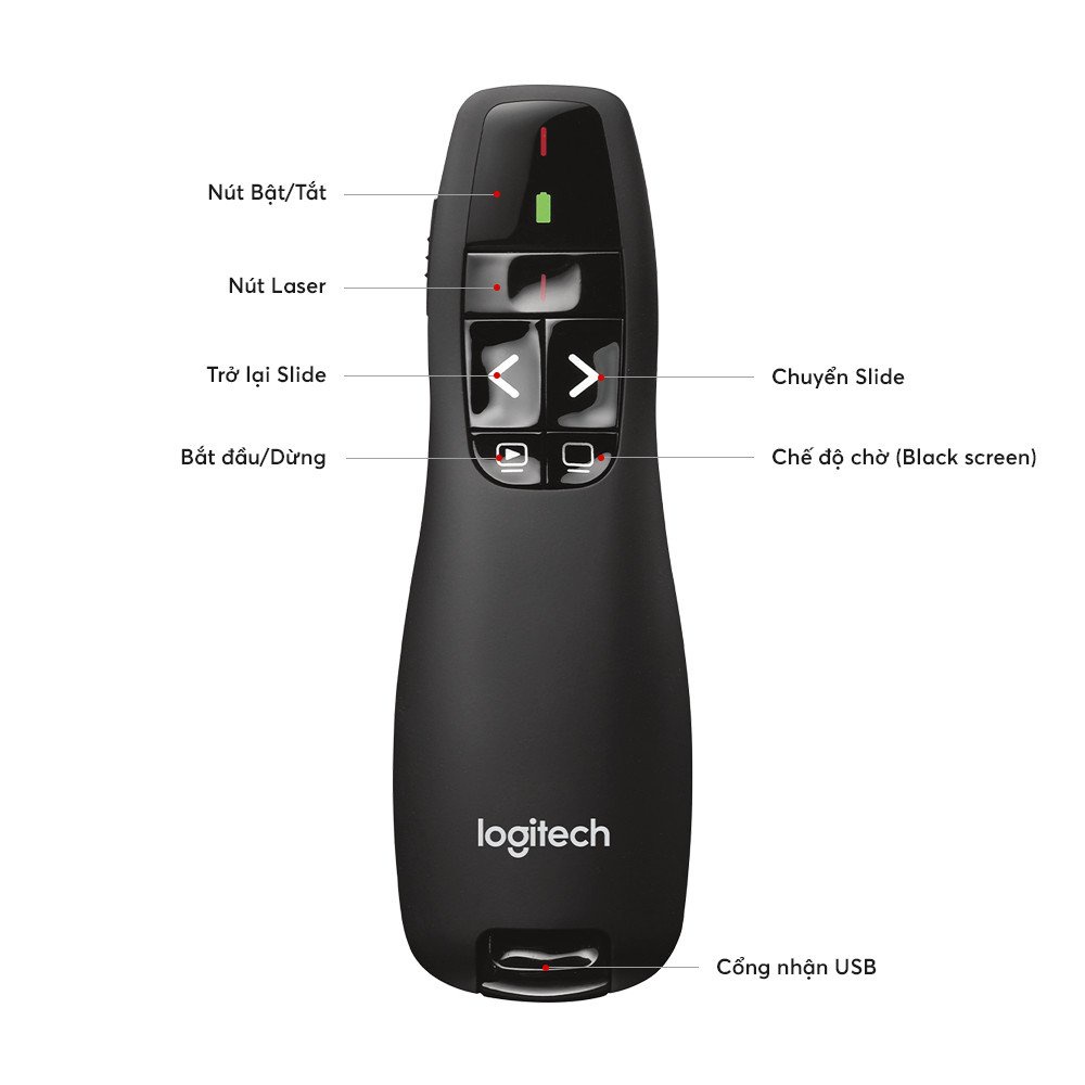 Bút Trình Chiếu Slide Loritech R500 PowerPoint Laser 2.4G. Bút Chỉ Máy Chiếu Màu Đen, Nút Ấn Nhạy, Độ Bền Cao