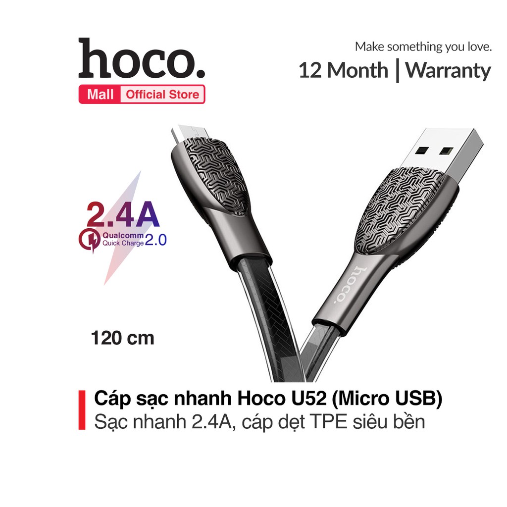 Cáp sạc Micro usb Hoco U52 sạc nhanh 2.4A dài 1.2m cho Smart phone Table