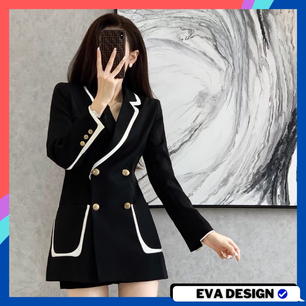 Áo khoác vest blazer nữ dài tay phong cách Hàn Quốc cổ 2 ve có đệm vai dáng eo thiết kế đính khuy phù hợp đi chơi đi làm