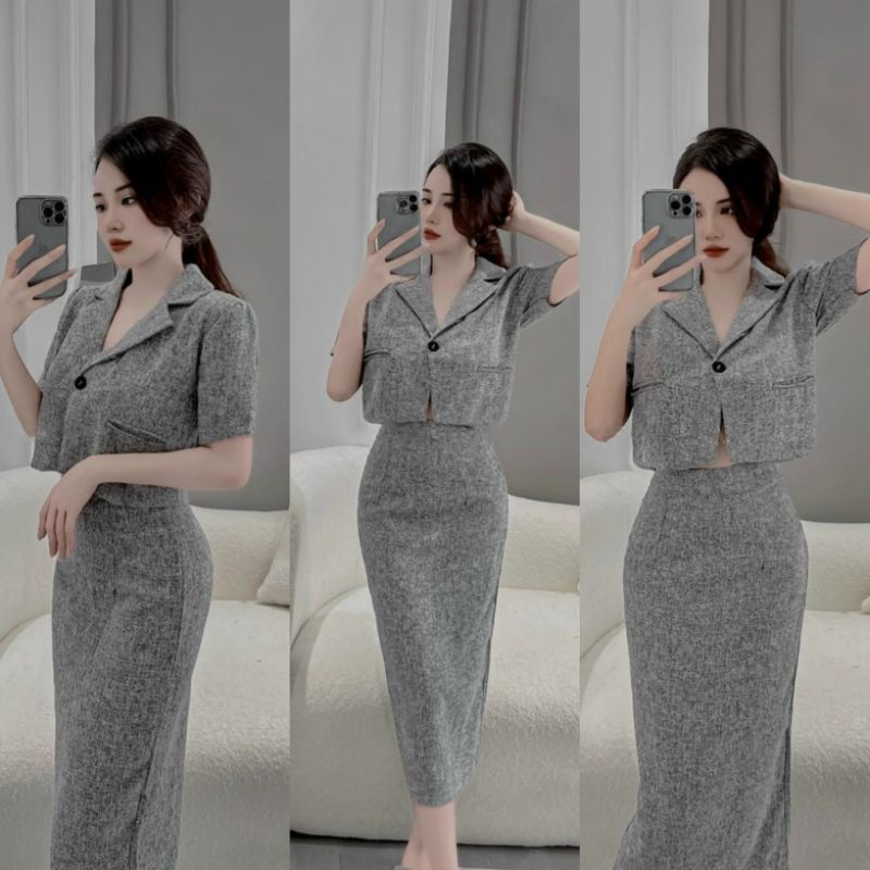 Set Đồ Công Sơ Nữ Ms.1730 Áo Crotop Dáng Suông Cổ Vest Phối Chân Váy Bút Chì Midi, Chất Dạ Tech Hai Lớp