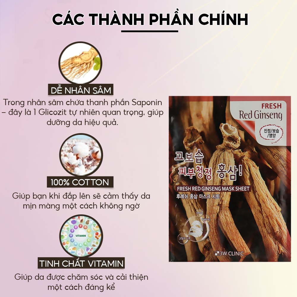 Mặt nạ giấy dưỡng da chiết xuất nhân sâm 3W Clinic Hàn Quốc 23ml giúp da trắng sáng mềm mại tăng độ đàn hồi, chống nhăn