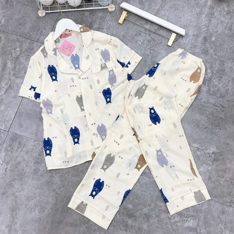 Bộ pijama chất đũi xốp hàng cộc dài hoạ tiết xinh dễ thương mặc nhà nữ