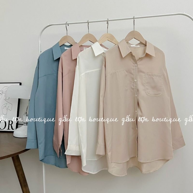 Áo sơ mi trơn basic dáng rộng túi ngực ulzzang