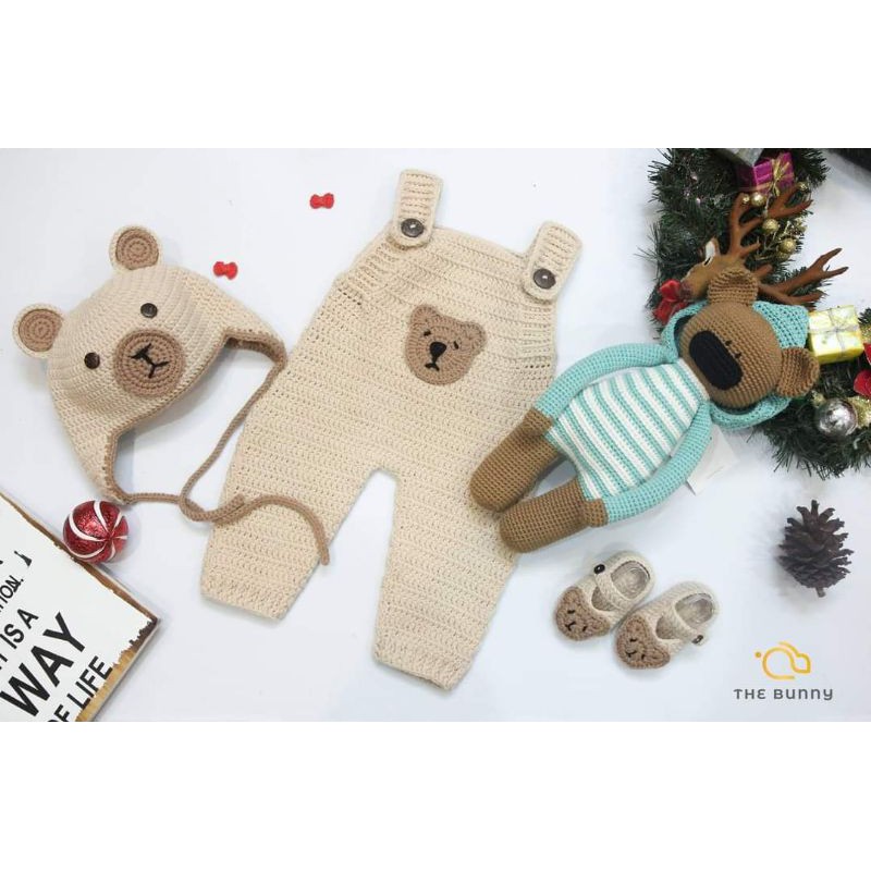 Set quần yếm + nón + giày len handmade hình Gấu xinh cho bé
