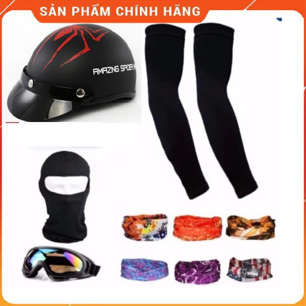 Bộ 1 Mũ bảo hiểm 1/2 đầu SPIDER MAN + mũ ninja,đôi bao tay chống nắng,kính phượt,1 khăn phượt đa năng màu ngẫu nhiên.