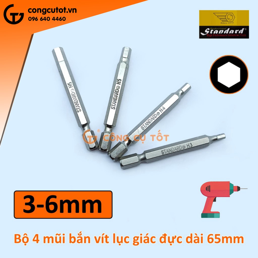 Bộ 4 đầu bắt vít lục giác 3-6mm dài 65mm Standard Đài Loan