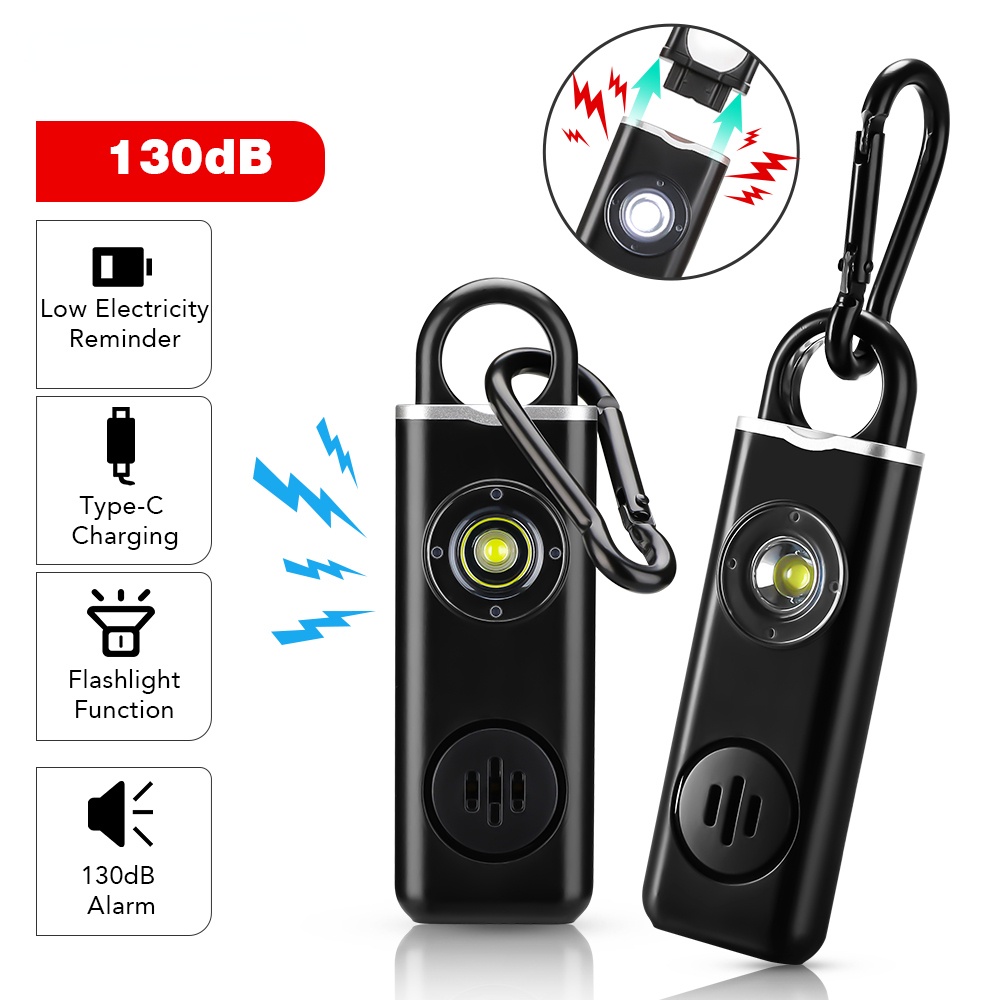 Móc Khóa Báo Động Khẩn Cấp Tự Vệ 130dB Có Đèn LED Có Thể Sạc Lại An Toàn Chống Tấn Công Cho Nữ