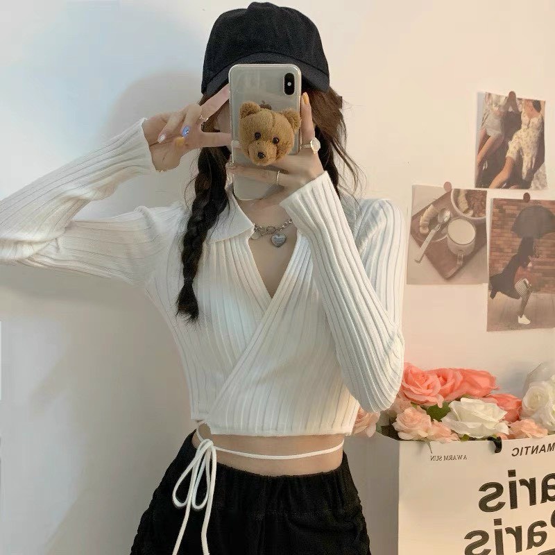 Áo kiểu cổ bẻ tayu dài đắp chéo trước ngực cột dây xinh dáng croptop thun gân mềm NU40
