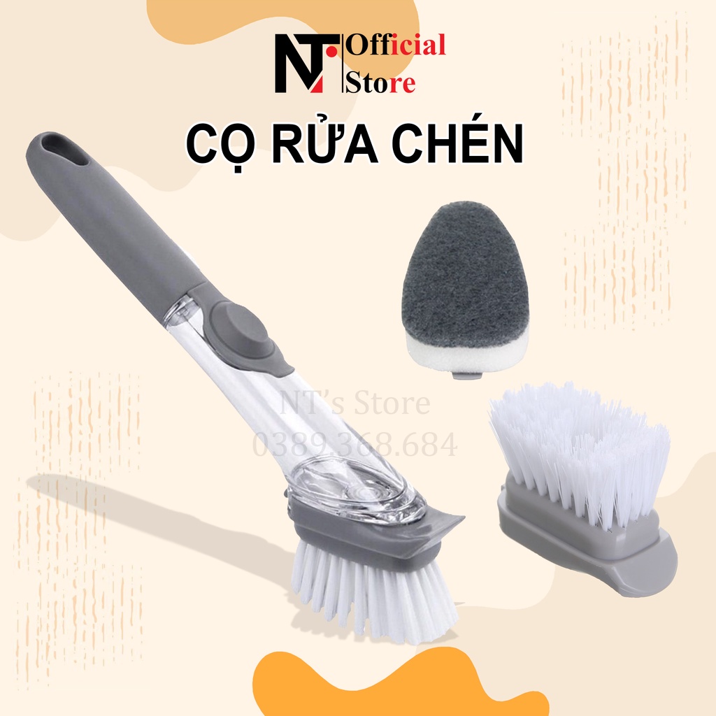 Cây cọ rửa chén bát tiện lợi, tay cầm chứa nước rửa chén, kèm 2 đầu mút và đầu cọ - NT Store