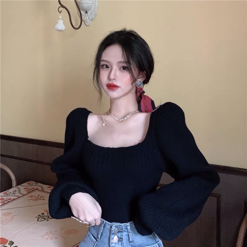 Áo len nữ cổ vuông tay bồng Style Hàn Quốc dáng croptop len dệt kim Quảng Châu - Hàng mới về