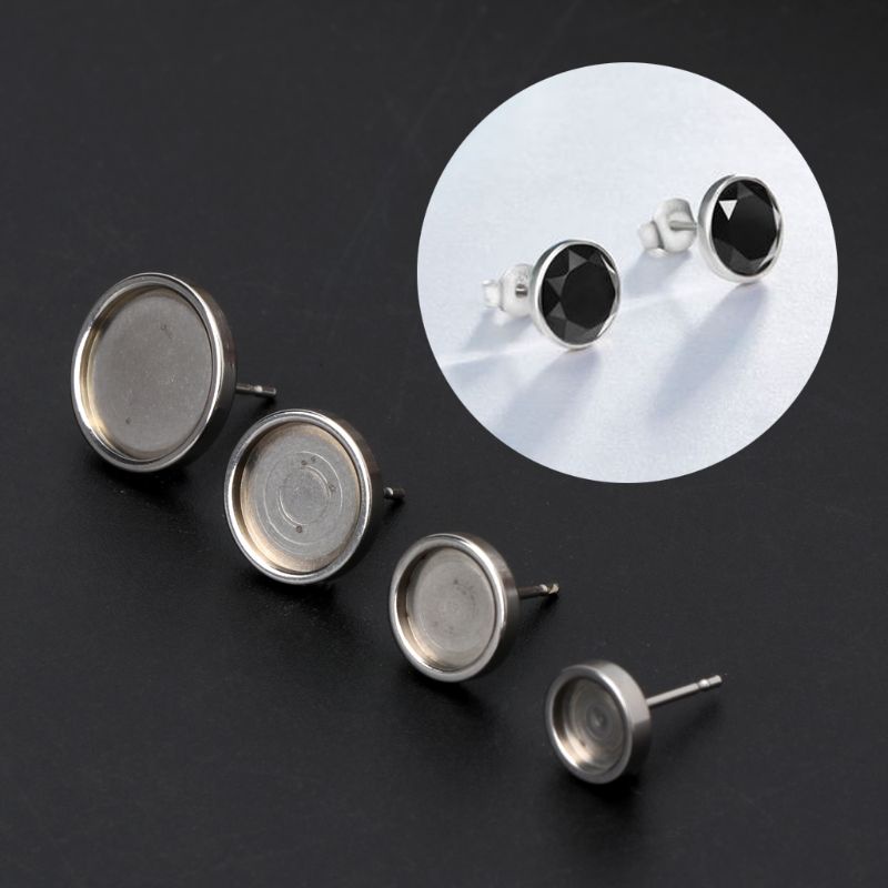Set 10 Khuyên Tai Tròn Mặt Kính Cabochon Bằng Kim Loại DIY
