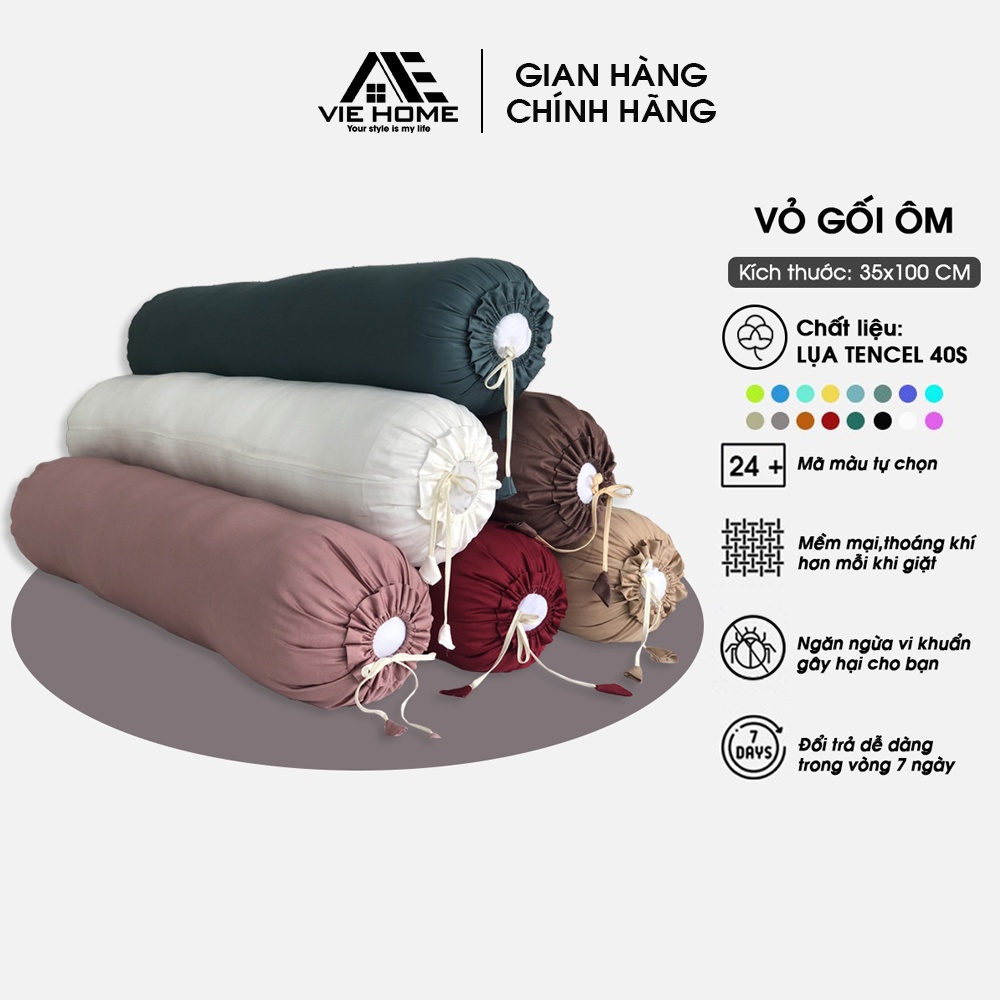 Vỏ gối ôm lụa Tencel 40s VIE HOME - Bedding, hàng đẹp kích thước 35x100cm trơn màu cao cấp