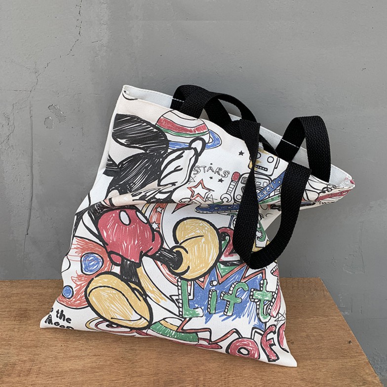 Túi tote vải canvas chuột Mickey có khóa kéo