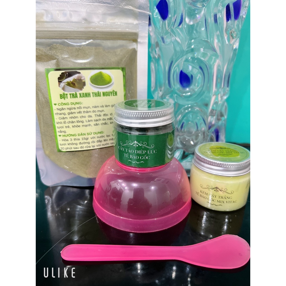 Combo cấy tảo diệp lục tế bào gốc+ kem cấy trắng tế bào gốc mix vitac(tặng bột trà xanh 100g, bát thìa,cọ)