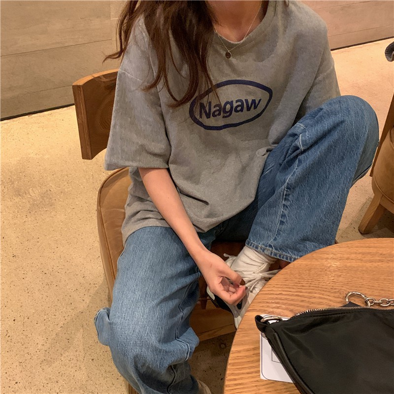 Áo thun nữ tay lửng dáng rộng in họa tiết đơn giản phong cách hàn quốc thời trang mùa hè