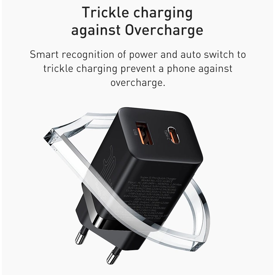 Củ sạc Baseus 2 cổng, Củ Sạc 30W Baseus Super Si Pro sạc nhanh 2 cổng Type C + USB, Hỗ Trợ PD3.0, QC3.0, nhỏ, chân gập