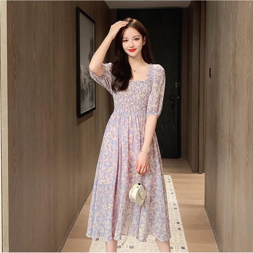 Đầm voan tay lỡ cổ vuông bo chun xinh xắn nữ tính | BigBuy360 - bigbuy360.vn