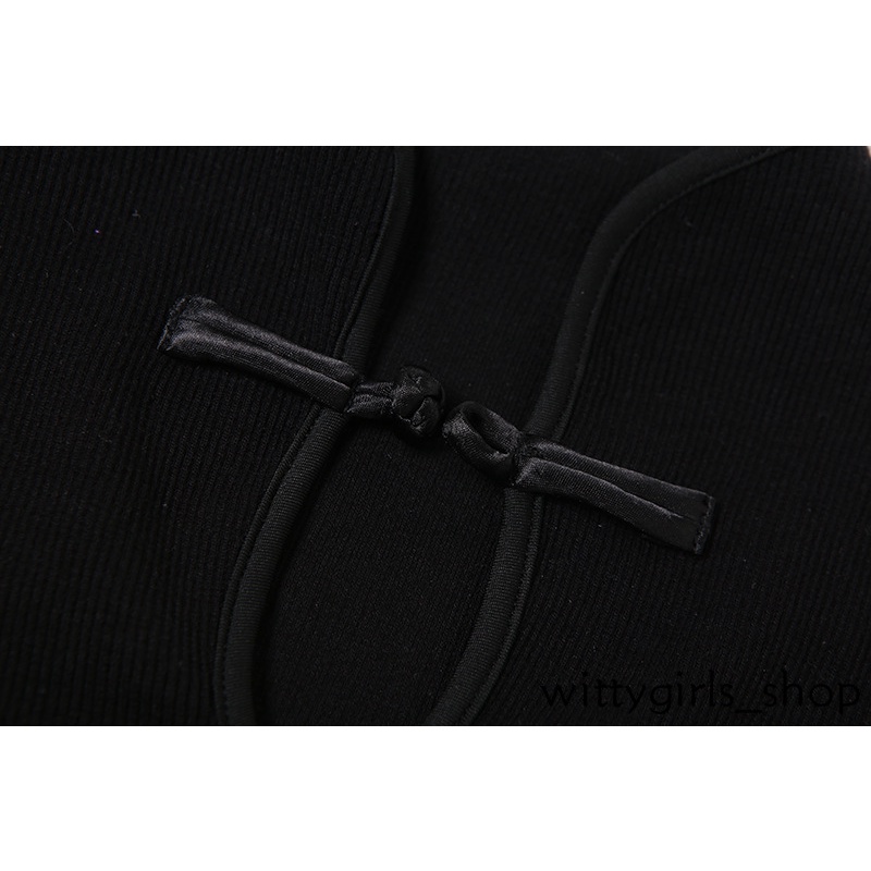 Wittygirls-áo Thun Crop Top Tay Ngắn Cổ Đứng Ôm Dáng Thiết Kế Rỗng Cài Khóa Phong Cách Trung Hoa