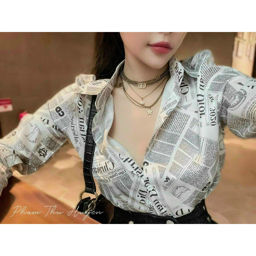 Áo sơ mi tay dài fomr rộng màu tờ báo chữ hiệu cực xinh , chất voan mềm mịn