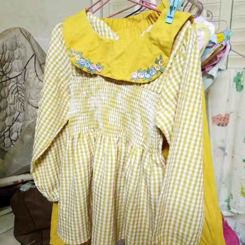 Set áo sơ mi caro dài tay thêu hoa cổ & quần nhiều màu cho bé gái  N00921