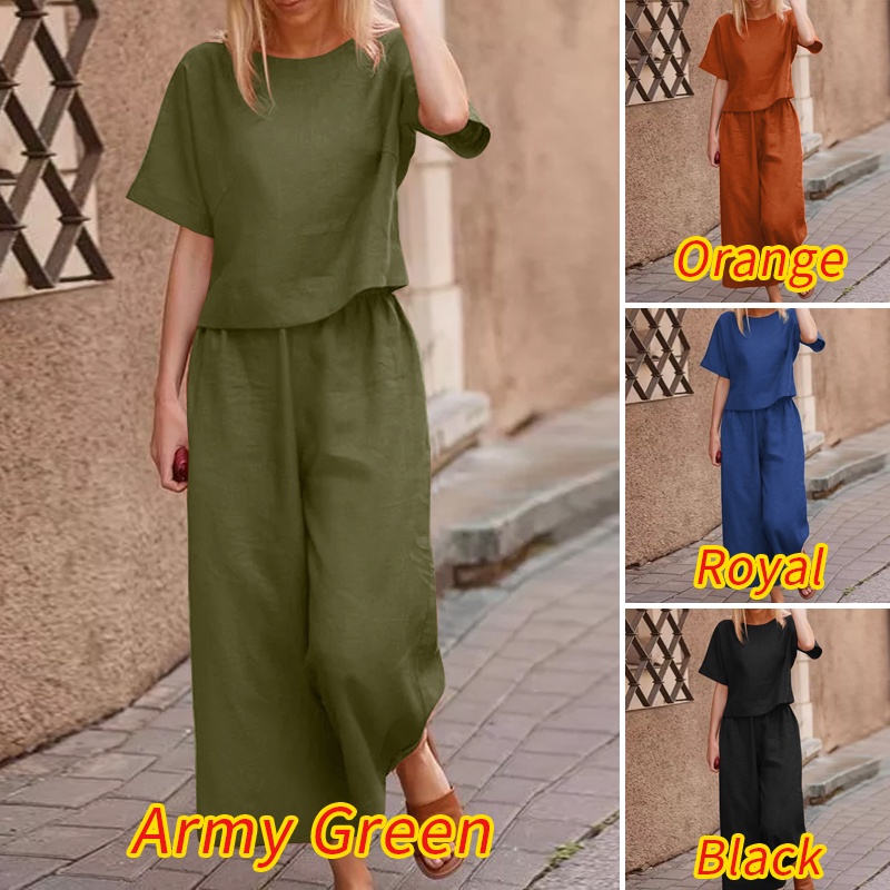 Bộ áo quần áo cổ chữ O tay lửng quần lưng thun ống rộng trơn màu cơ bản thời trang cho nữ ZANZEA