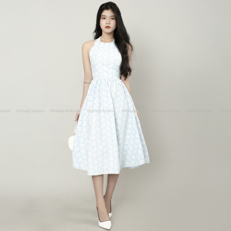 Váy Hai Dây Cổ Yếm Sau Lưng Hở, Xòe Dài Đơn Giản Đi Tiệc - VIETLADY FASHION D24