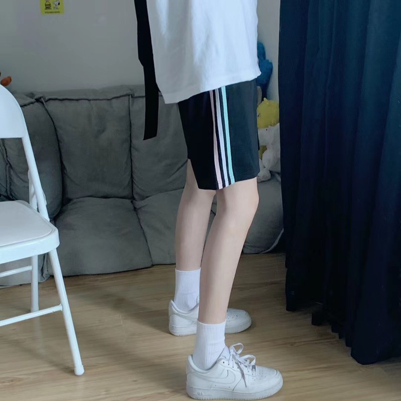 Quần short lửng 3 sọc GUU Unisex nam nữ thể thao freesize dưới 60kg cạp chun trơn