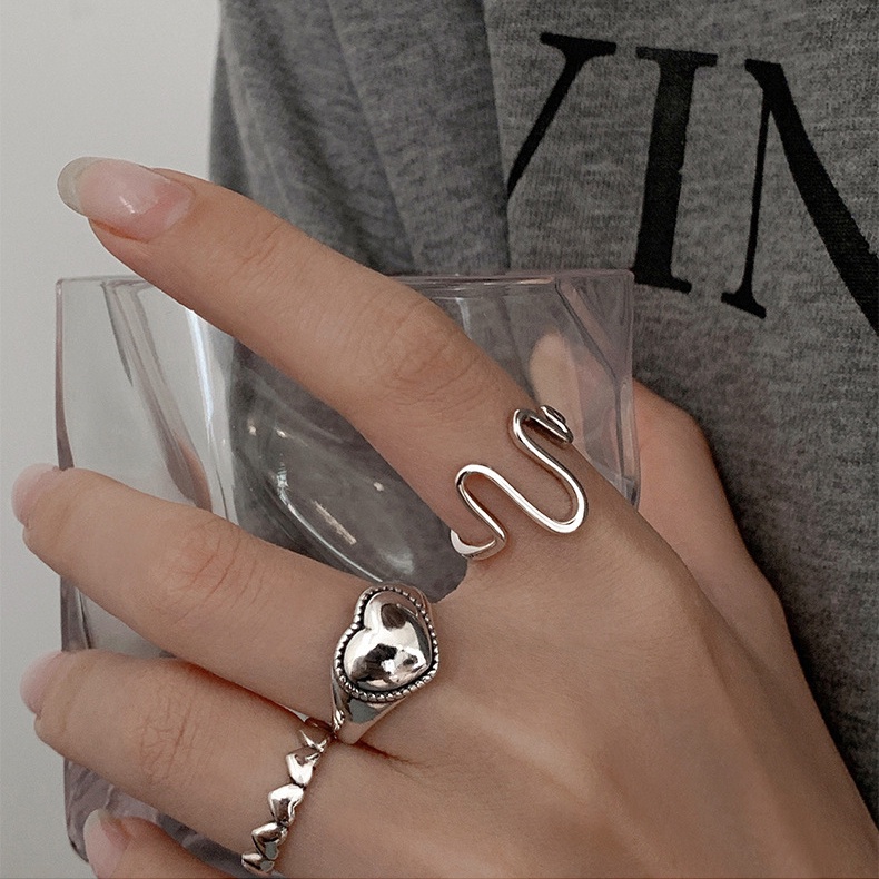 Set 3 nhẫn bạc iF YOU kiểu gợn sóng trái tim phong cách Hàn Quốc cho nữ