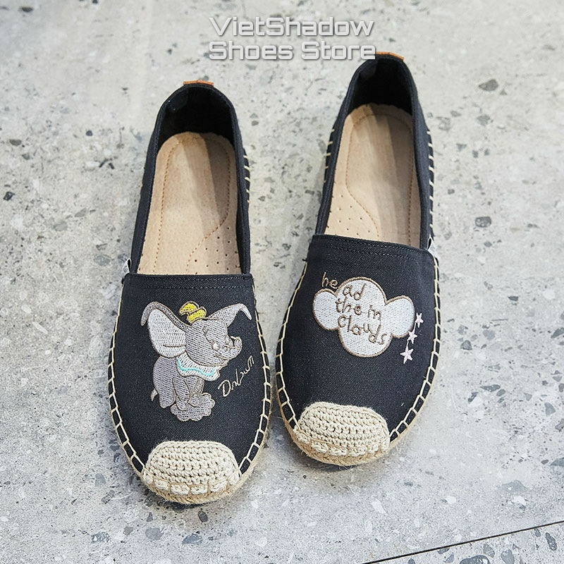 Slip on nữ - Giày lười vải nữ thêu họa tiết hoạt hình - Chất liệu đế gai bện, vải bố 2 màu đen và trắng - Mã A51