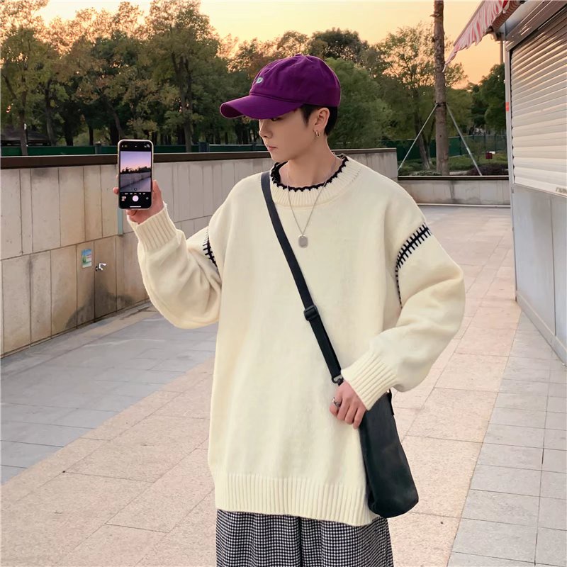Áo sweater dệt kim tay dài cổ tròn phong cách retro hàn quốc thời trang cho nam