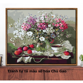 Tranh sơn dầu số hoá tự tô màu theo số có khung - Tranh tĩnh vật Bình hoa trang trí phòng khách,bếp có khung 40*50cm)