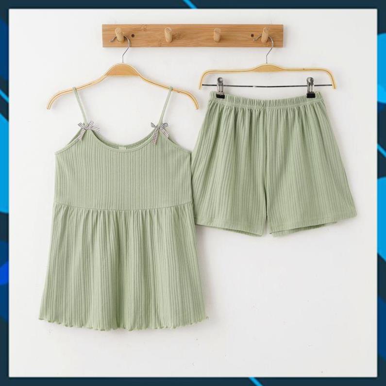 Bộ đồ ngủ 2 dây mặc nhà thun tăm lạnh đính nơ dễ thương Babydoll V05