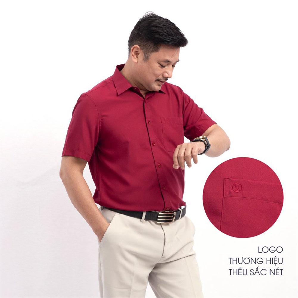 Áo Sơ Mi Nam Ngắn Tay Trung Niên ANCHI Classic Cotton Trơn Màu Đỏ Đô Cao Cấp