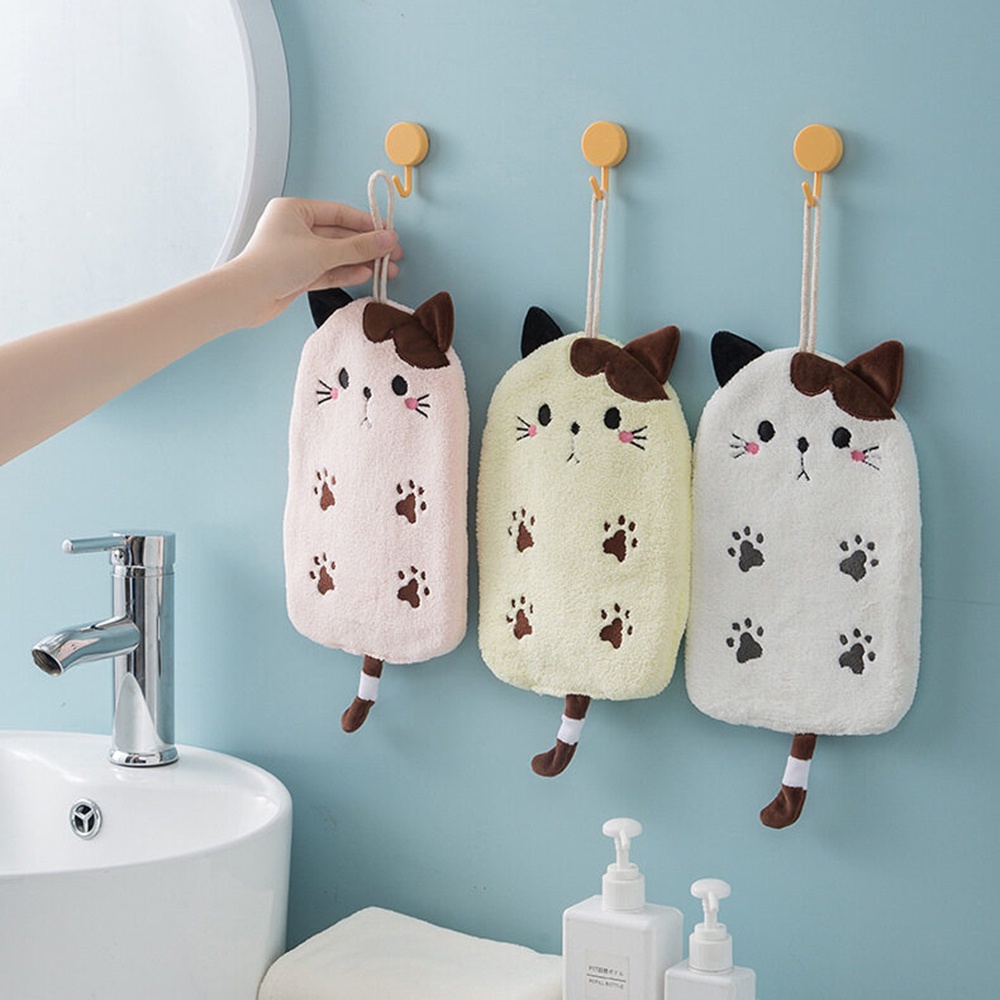 Khăn Lau Tay Treo Tường Vải Lông Cừu San Hô Hình Mèo Hoạt Hình Sáng Tạo Thấm Hút Nước