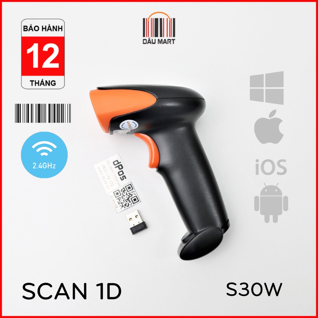 Máy quét mã vạch không dây dPos S30W Scan mã vạch Barcode 1D dành cho shop bán hàng quản lý kho xuất nhập hàng hóa TMĐT