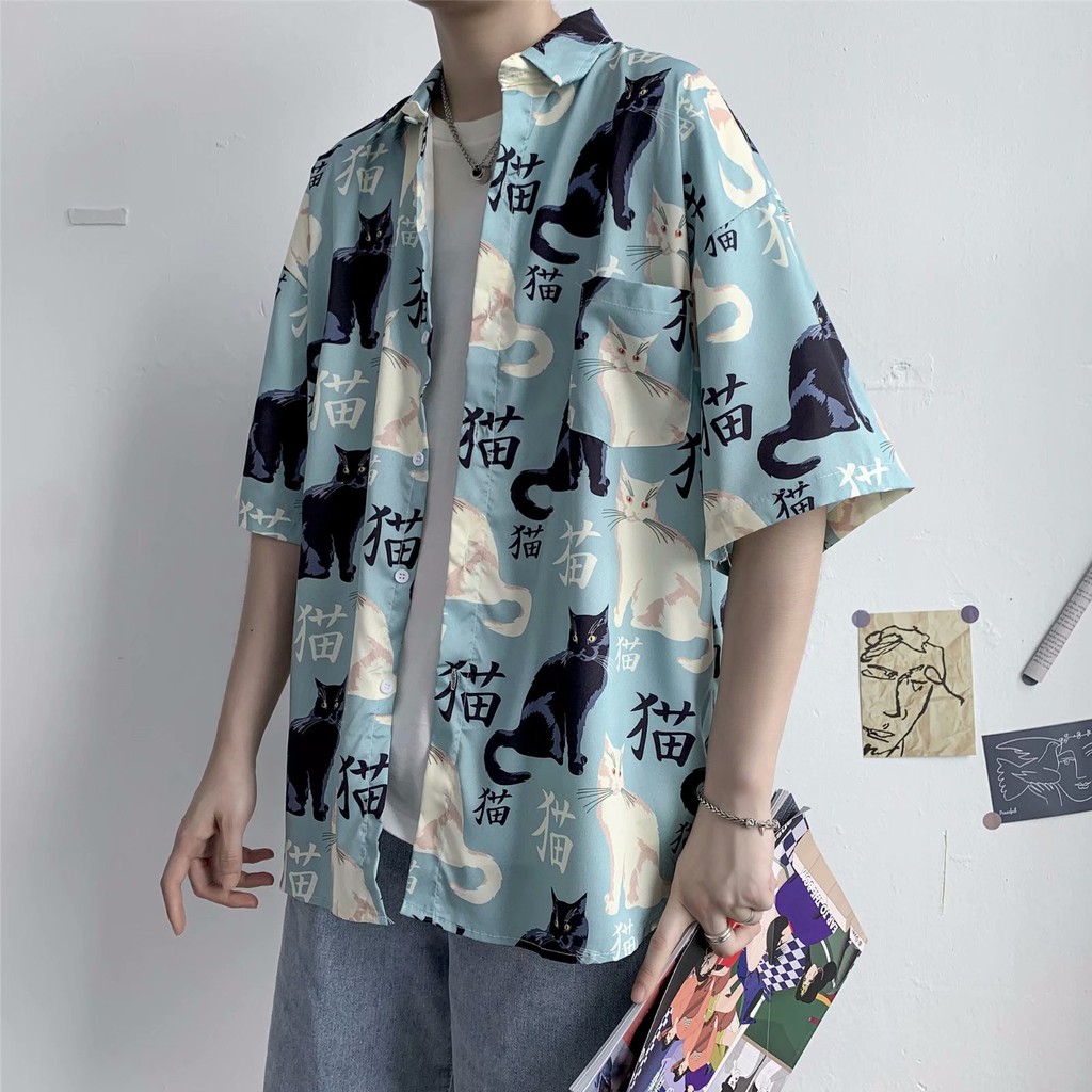 Áo Sơ Mi Nam Tay Ngắn In Hình Mèo Phong Cách Hawaii