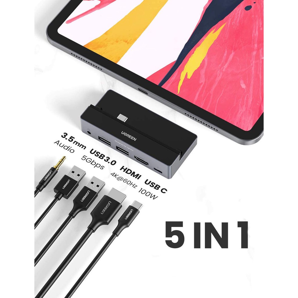 Bộ hub chuyển đổi USB type C UGREEN CM317 70688 cho tablet táo Pro 2018 2020 - 3.5mm/HDMI/2 USB 3.0