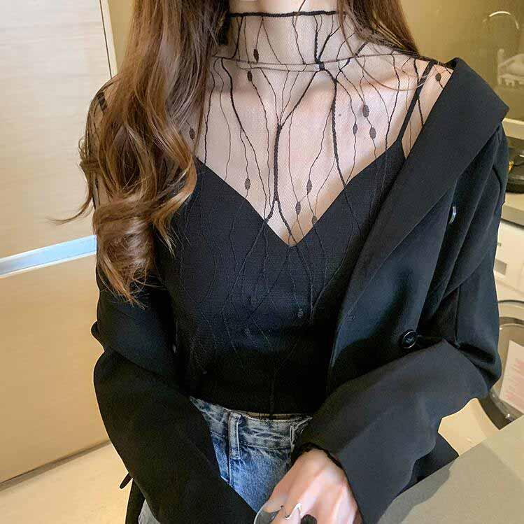 Áo Sơ Mi Tay Dài Phối Ren Lưới Mỏng Xuyên Thấu Phong Cách Hàn Quốc Thời Trang Mùa Thu Cho Nữ