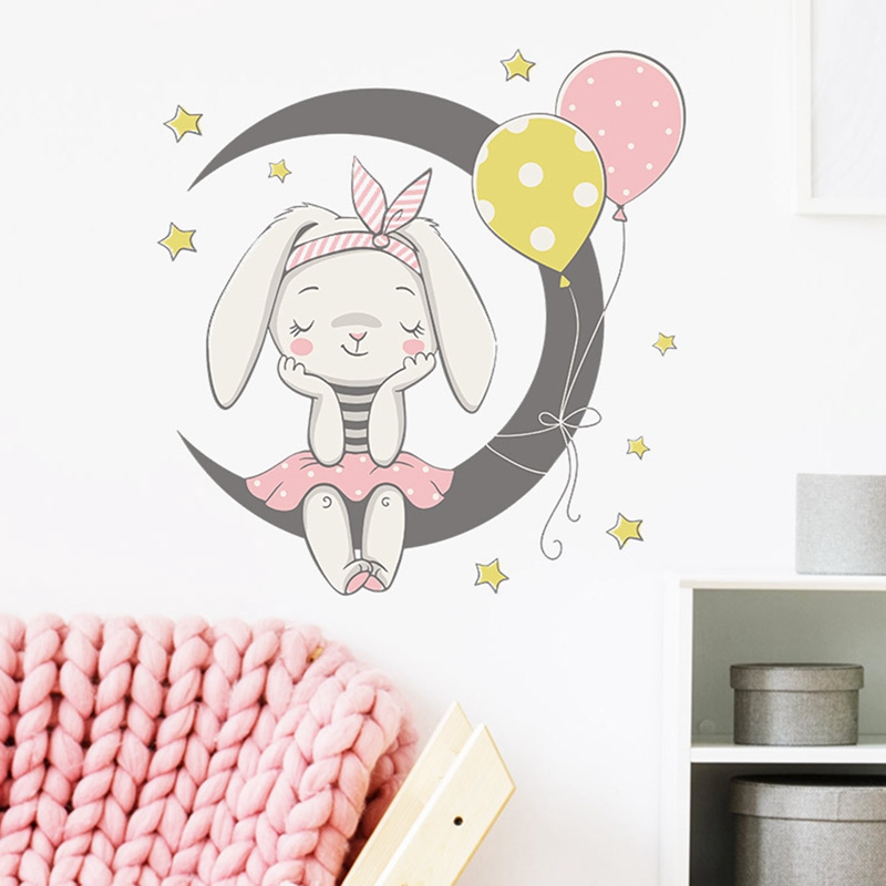 Sticker Dán Tường Họa Tiết Hình Con Thỏ Và Ngôi Sao Theo Phong Cách Hoạt Hình Dùng Trong Trang Trí Phòng Ngủ Cho Trẻ