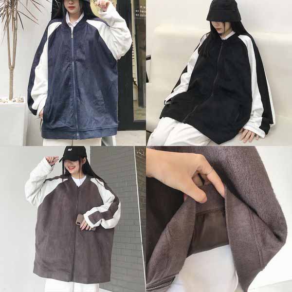 Áo Khoác Jacket Nữ Form Rộng Chất Nhung Dày Dặn Áo khoác Bomber Nữ Tay Phối Viền Trắng Basic Màu Đen Nâu Xanh TION 1745