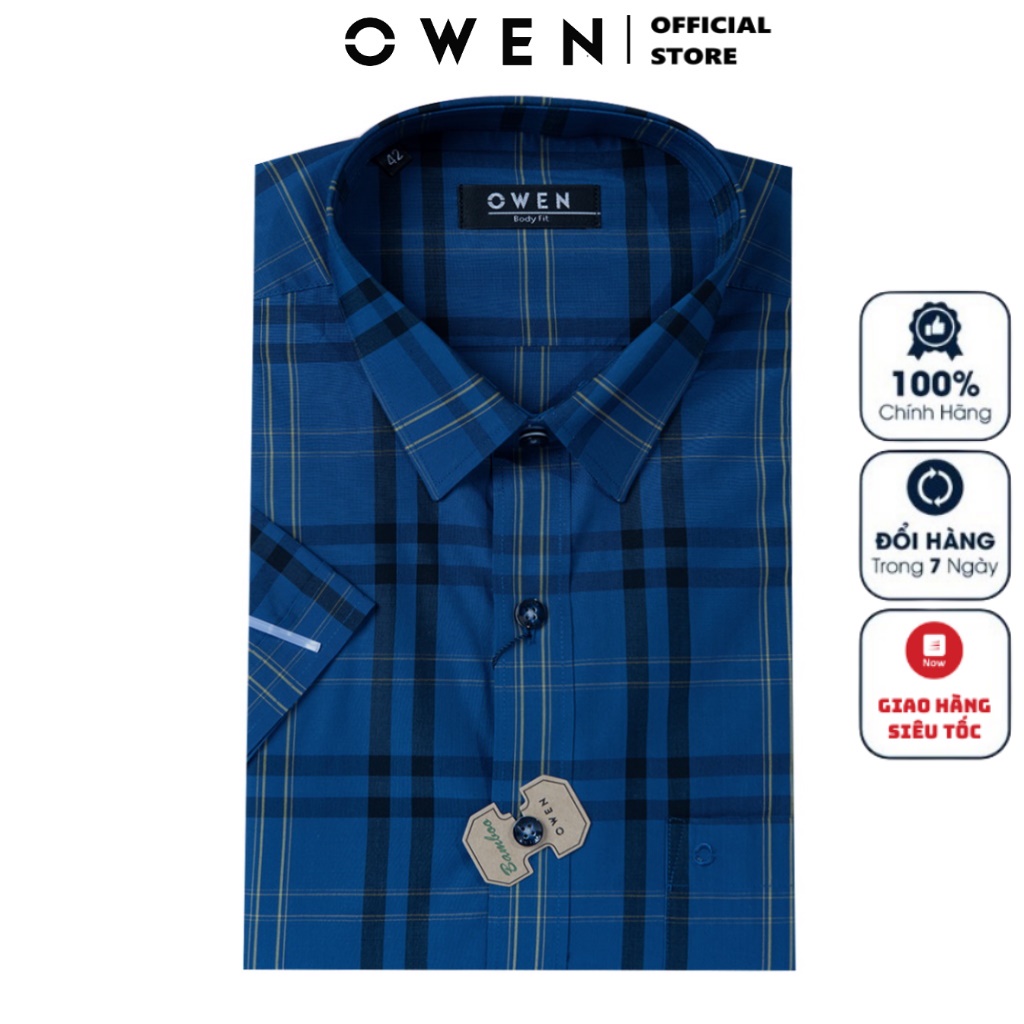 Áo Sơ Mi Nam Ngắn Tay OWEN BA220045NT Somi Công Sở Cao Cấp Màu Caro Xanh Navy Vàng Vải Sợi Tre Dáng Suông Tà Bằng Có Túi