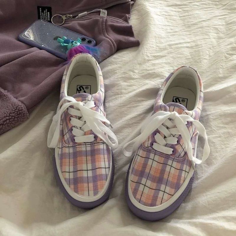 Giày ulzzang họa tiết caro màu tím pastel, ảnh thật