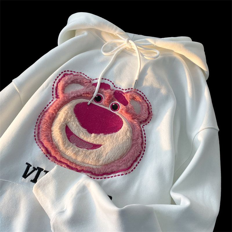 Áo Hoodie Vải Cotton Phối Lông Chống Lão Hóa In Hoạt Hình Gấu Dâu Tây Dễ Thương Cho Nữ