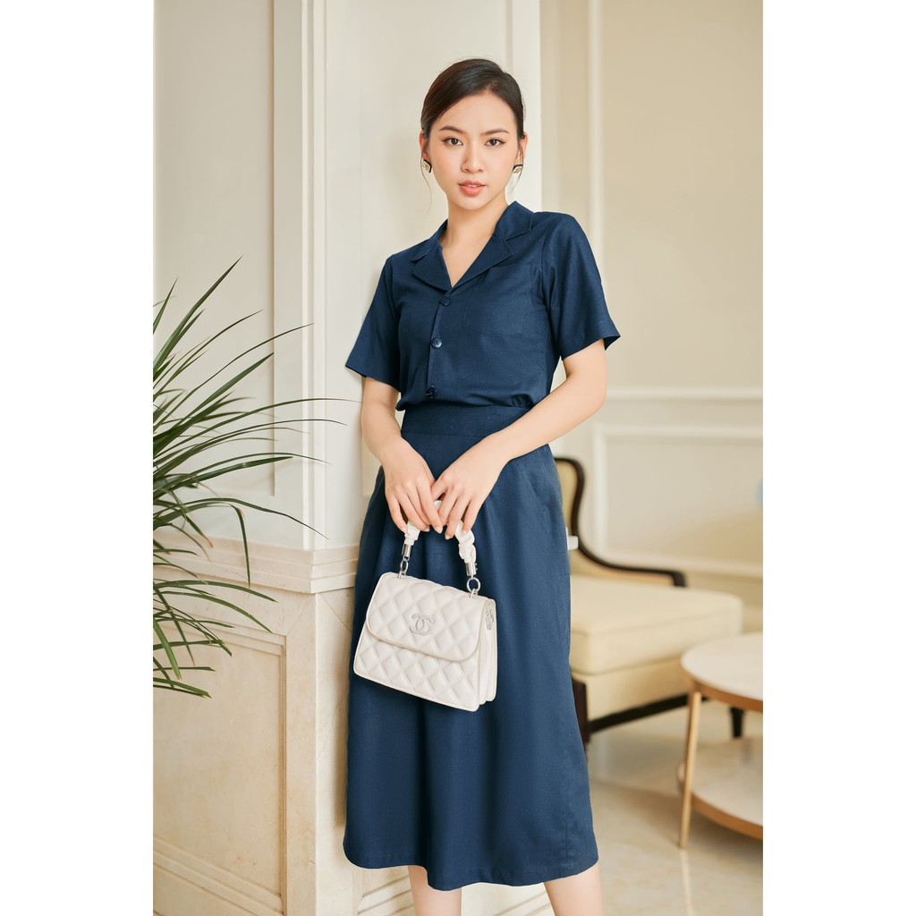 Váy Công Sở Chữ A Tay Ngắn LEOSWEARING Set Chân Váy Dài Qua Gối Lưng Thun và Áo Sơ Mi Chất Vải Linen Bột dam cong so B11